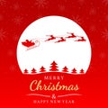 Xmas greeting card with Merry Christmas and Happy New year text. Santa Claus sleigh with reindeer flying in the sky with the moon. Royalty Free Stock Photo